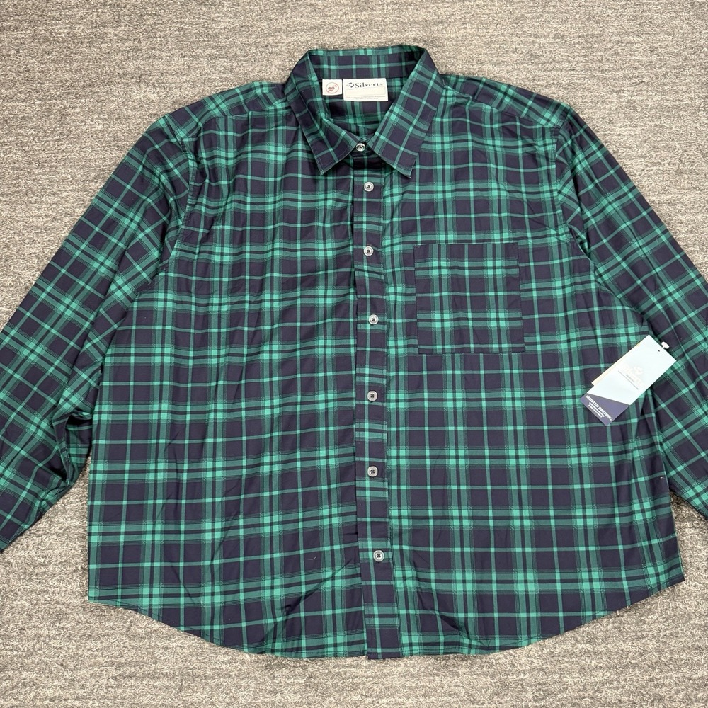 Silverts Shirt Men 2XL XXL  Green Navy Long Sleeve Button Up Adaptive Magnetic